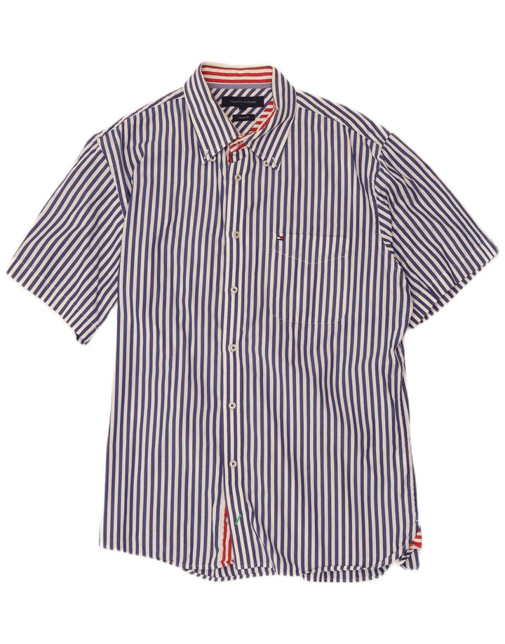 TOMMY HILFIGER Camisa de manga corta con ajuste personalizado para hombre, talla grande, azul marino, a rayas