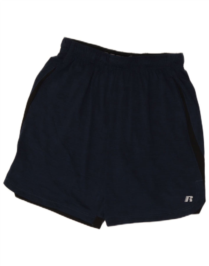 Russell Athletic - Pantalones cortos deportivos para hombre, color azul marino medio, poliéster con bloques de color