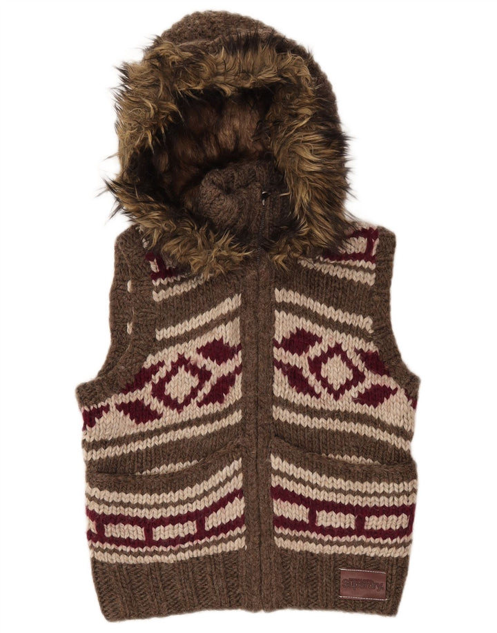 SUPERDRY Suéter tipo cárdigan con capucha para mujer UK 10 Small Brown Geométrico
