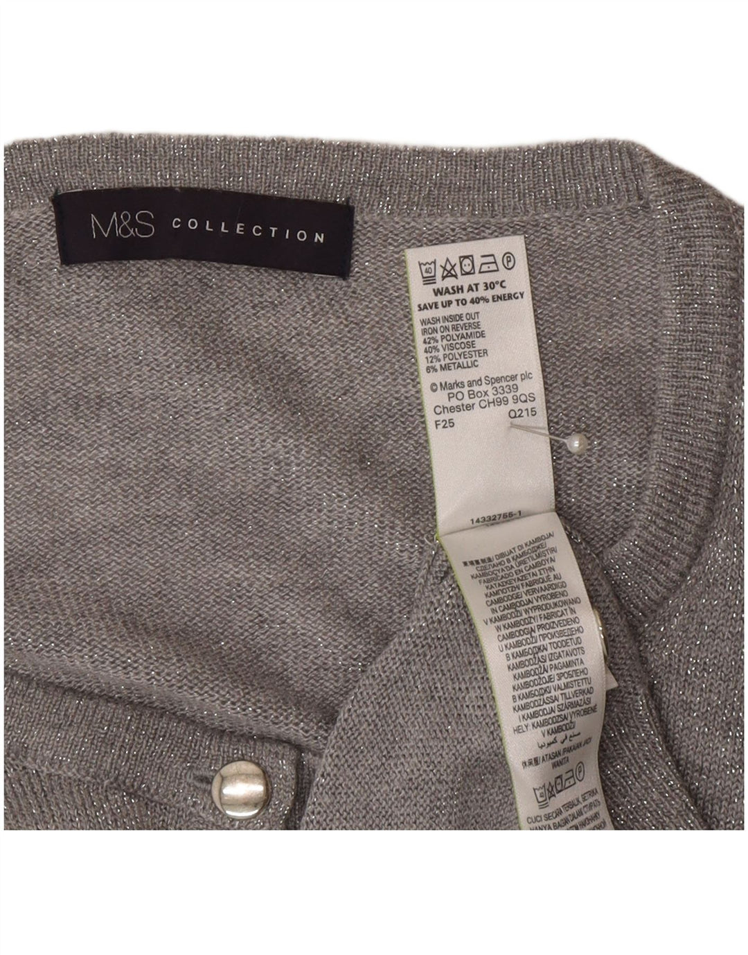 Marks & Spencer Suéter tipo cárdigan para mujer UK 20 2XL Poliamida gris