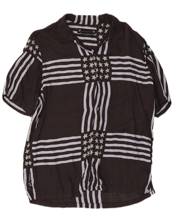 All Saints Camisa de manga corta para hombre, ajuste relajado, talla pequeña, viscosa a rayas negras