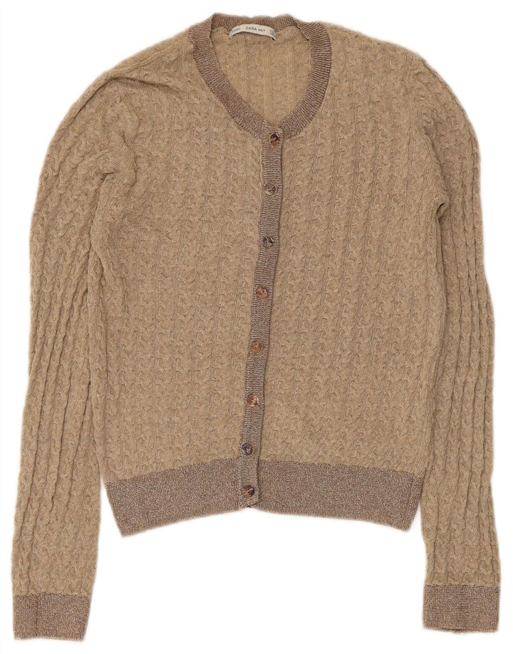 Zara Mujer Crop Cardigan Suéter UK 8 Small Beige Poliéster