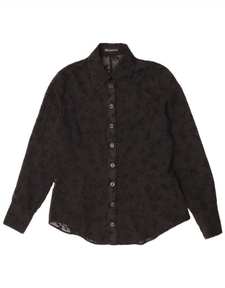 Vintage mujer ver a través de camisa blusa IT 44 Poliéster floral negro medio