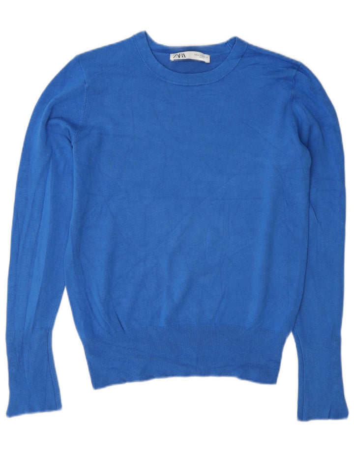 Zara - Jersey de cuello redondo para mujer, talla 40, viscosa azul medio