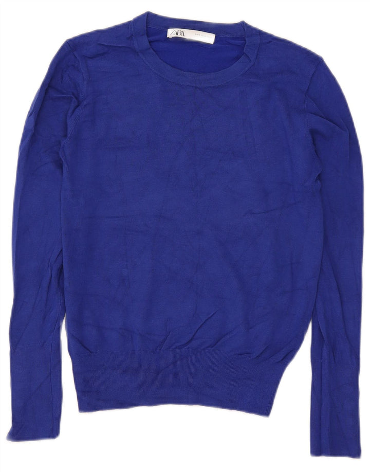 Zara - Jersey corto con cuello redondo para mujer, talla 40, color azul medio
