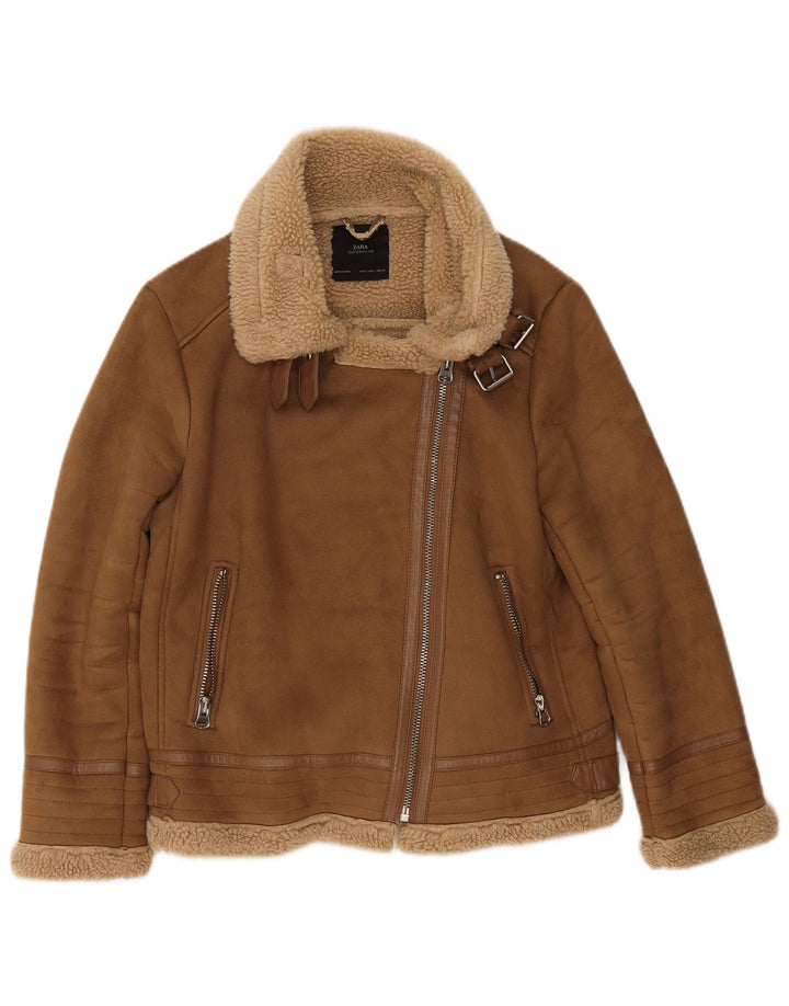 Zara Mujer Sherpa Chaqueta UK 46 Grande Poliéster Beige