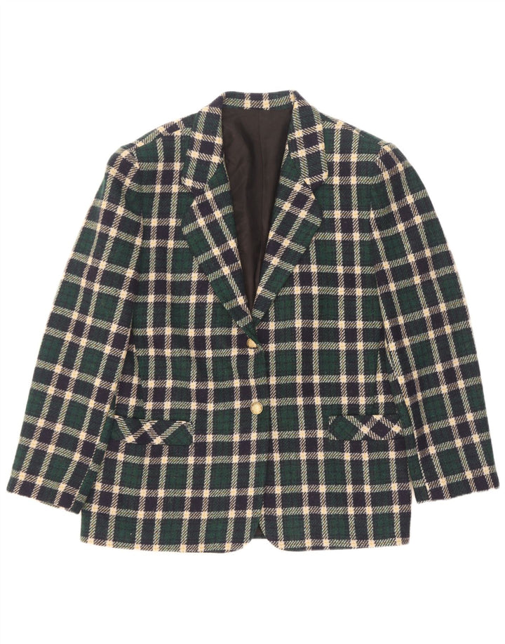Vintage mujer 2 botones Blazer chaqueta IT 44 lana de cuadros verde medio