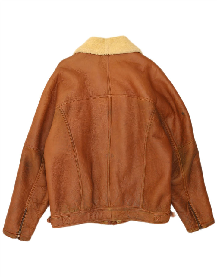 Chaqueta de piel de oveja vintage para hombre IT 54 2XL cuero marrón