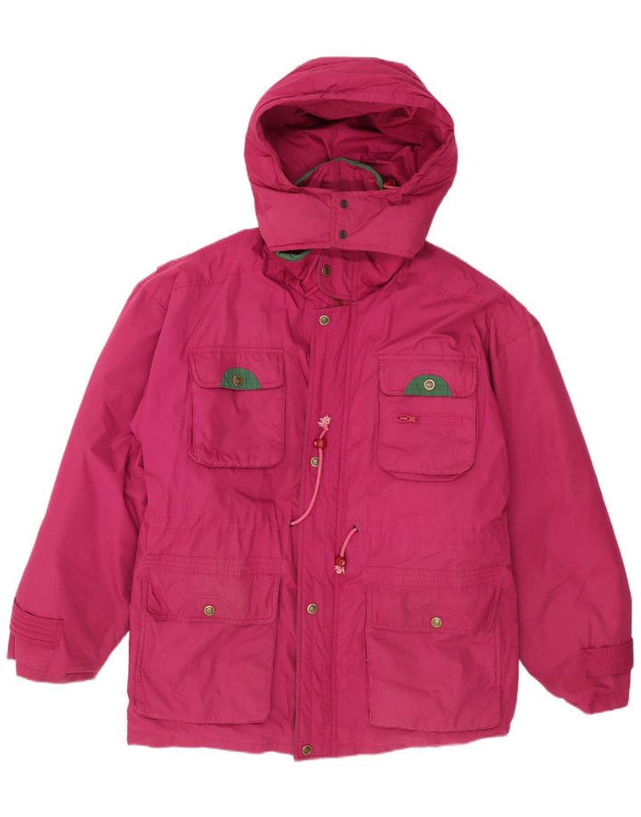 Vintage hombres con capucha chaqueta acolchada Reino Unido 40 poliéster rosa grande