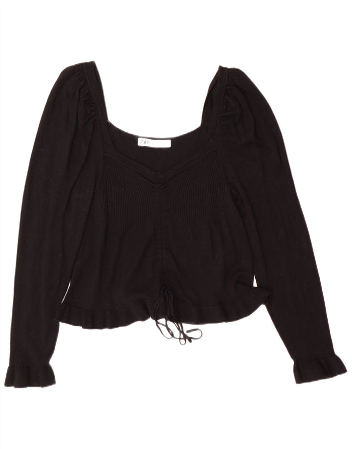 Zara Mujer Crop Top Manga Larga UK 44 Grande Viscosa Negra