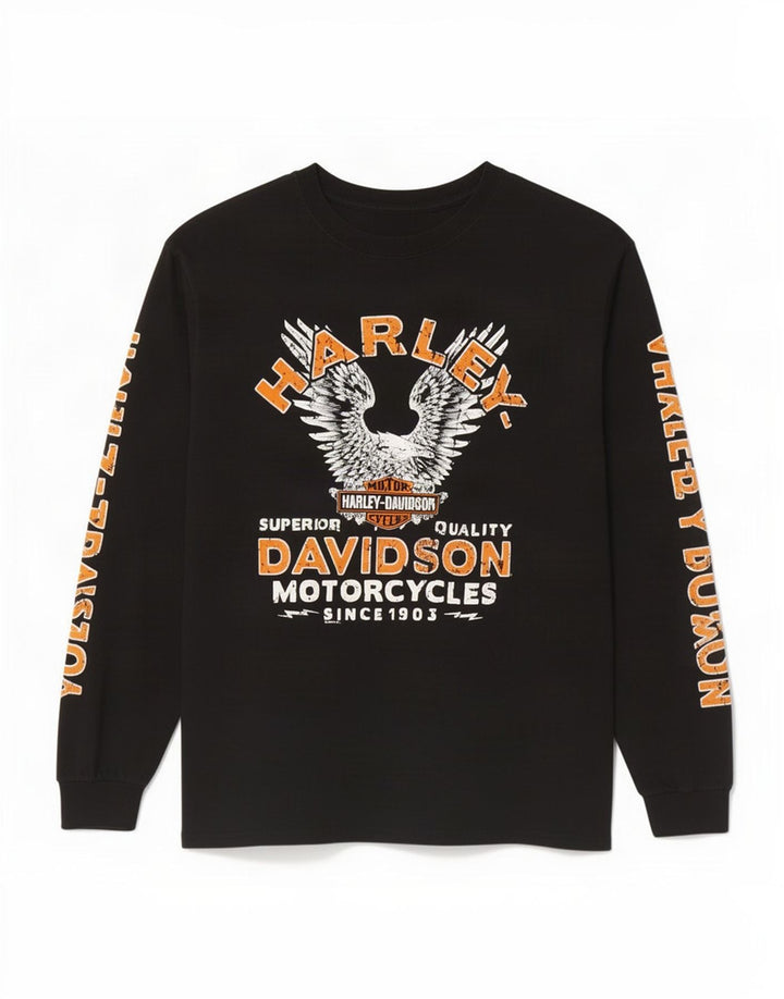 Harley Davidson Mens Graphic Top Manga Larga Grande Algodón Negro