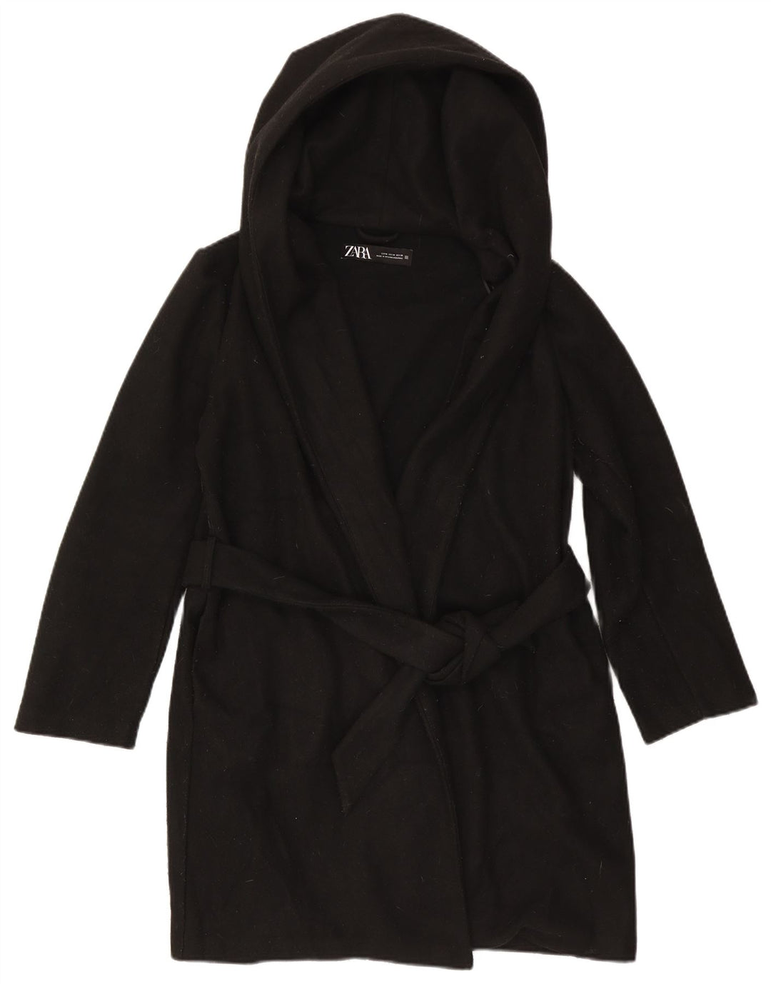Zara Mujer Abrigo Con Capucha UK 44 Medio Negro Poliéster