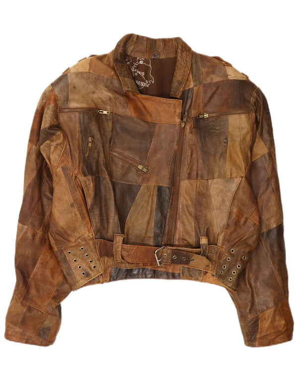 Vintage mujer bombardero chaqueta de cuero Reino Unido 16 gran patchwork marrón