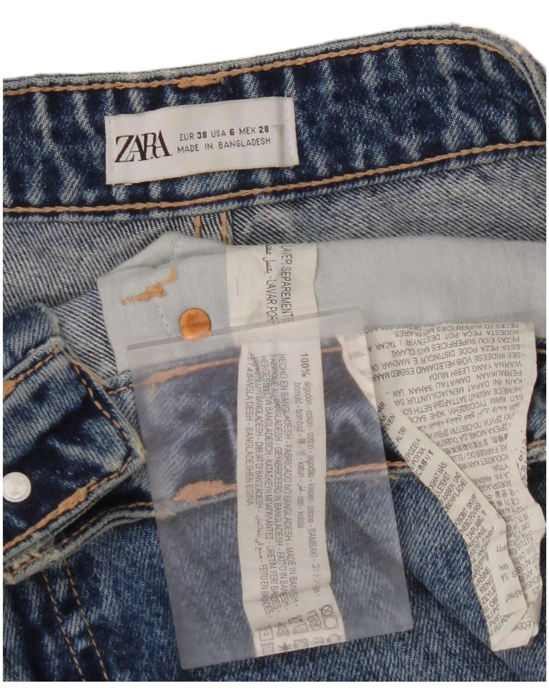 ZARA Vaqueros cónicos desgastados de talle alto para mujer EU 38 Small W28 L27 Azul