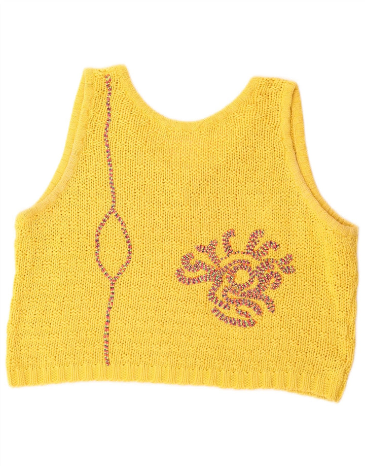 VINTAGE Mujeres Patrón Abstracto Crop Chaleco Tank Top Reino Unido 12 Amarillo Medio