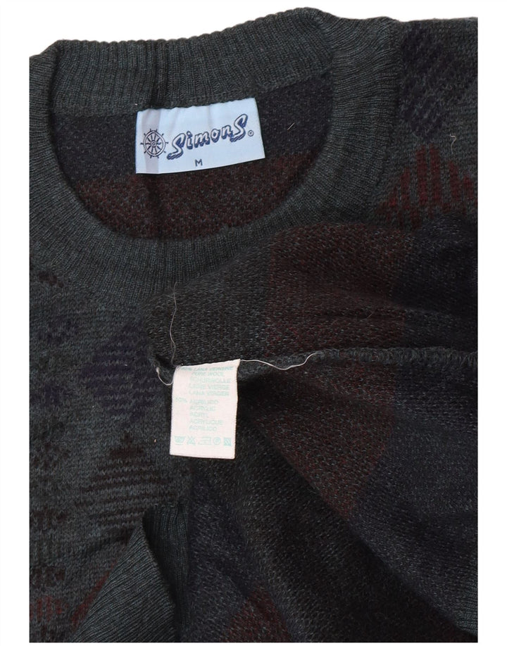 Vintage hombres cuello redondo jersey suéter azul medio geométrico lana virgen
