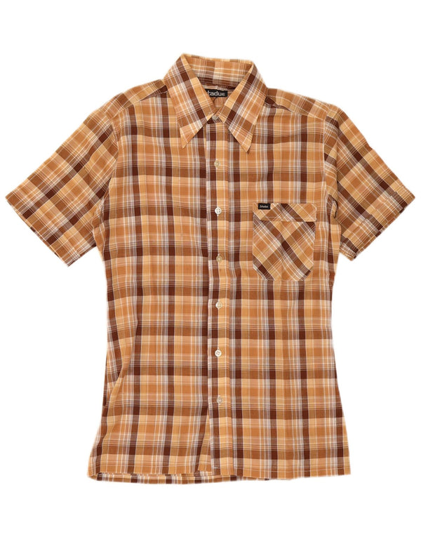 Camisa vintage de manga corta para hombre, poliéster a cuadros marrón pequeño