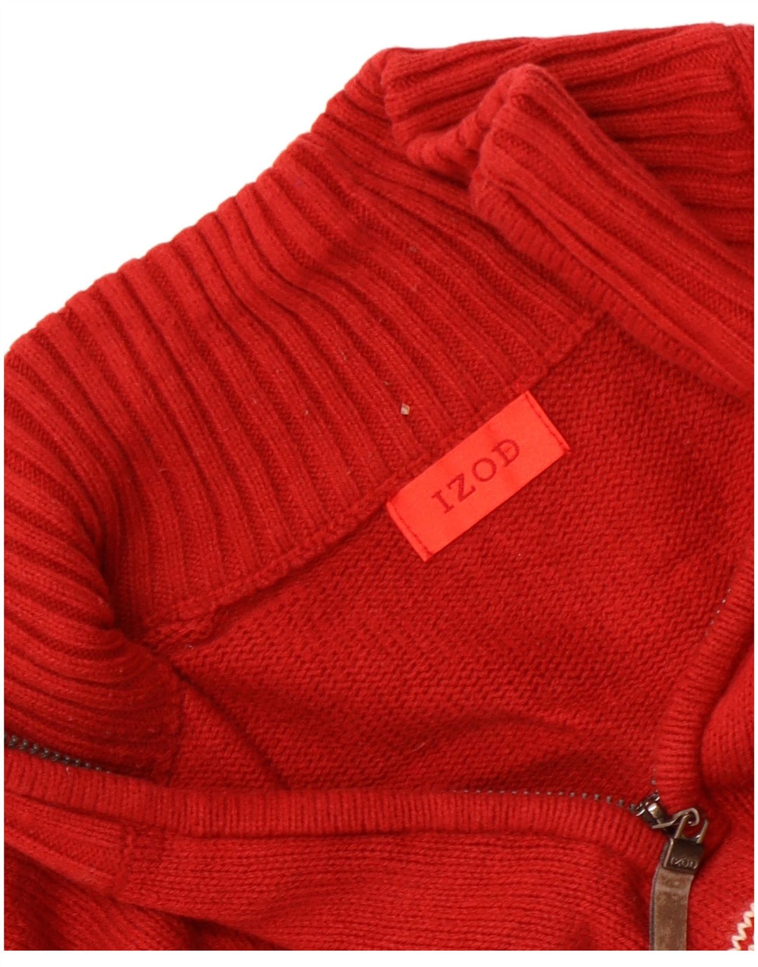 IZOD Suéter tipo jersey con cuello y cremallera para hombre, color rojo medio, Fair Isle