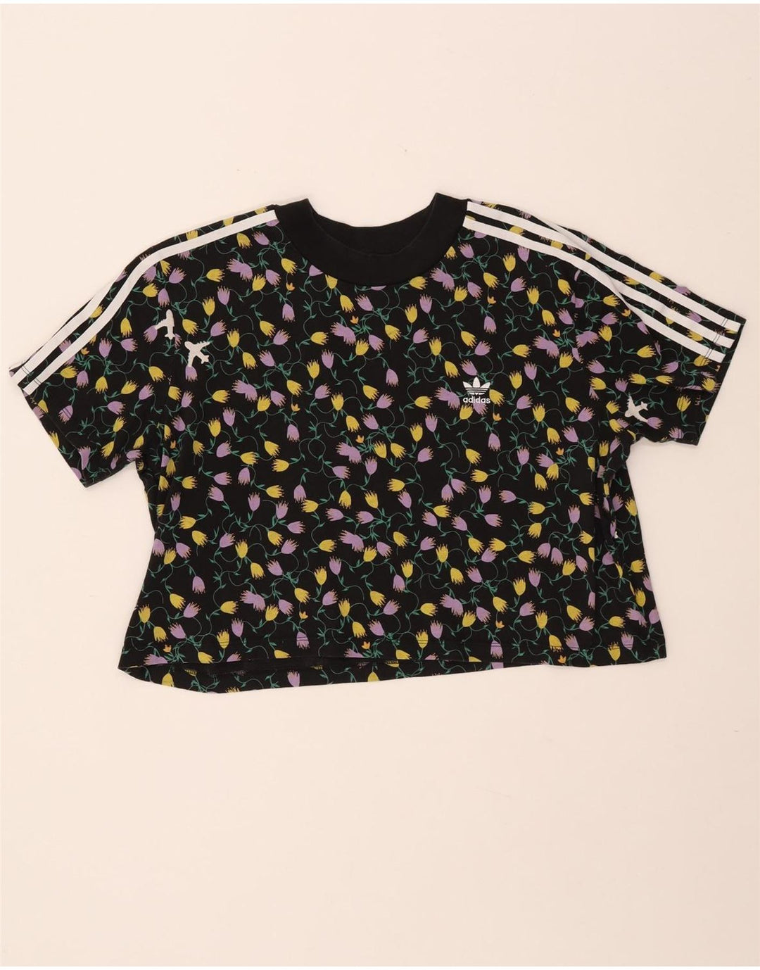 ADIDAS Camiseta corta con gráfico para mujer UK 40 XL Algodón floral negro