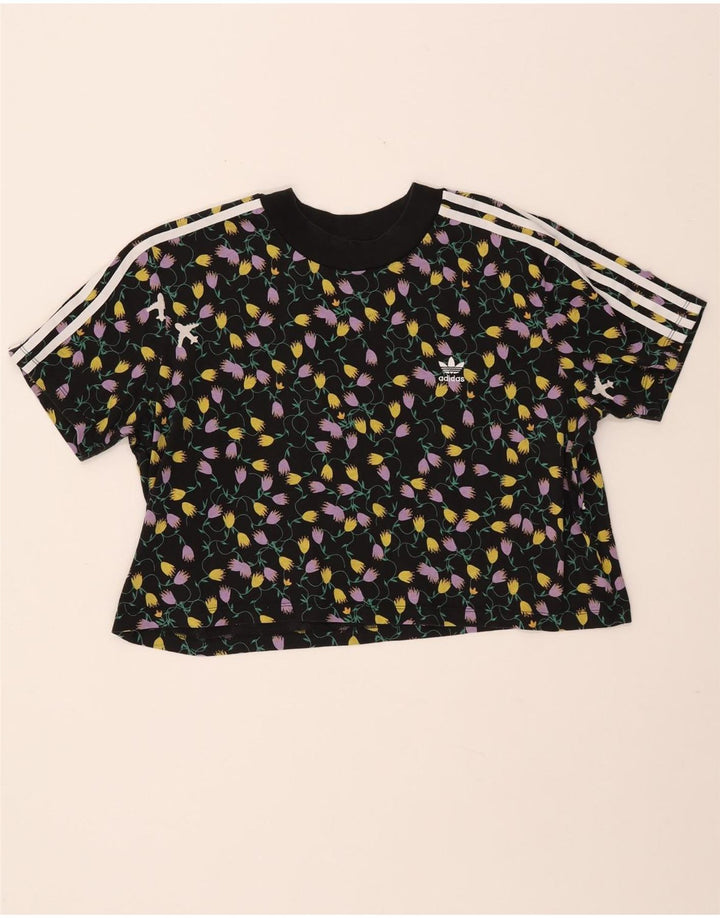 ADIDAS Camiseta corta con gráfico para mujer UK 40 XL Algodón floral negro