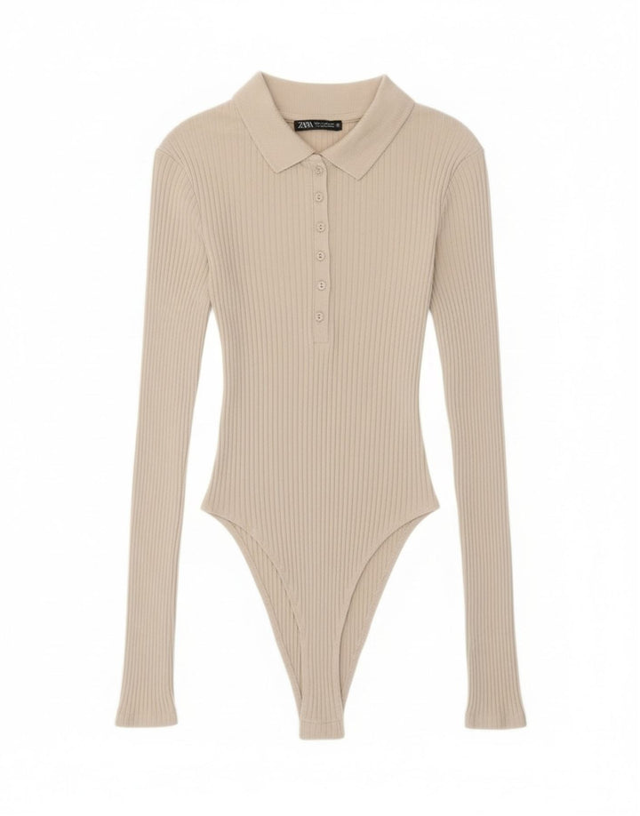 Zara Body Manga Larga Mujer UK 8 Small Algodón Beige