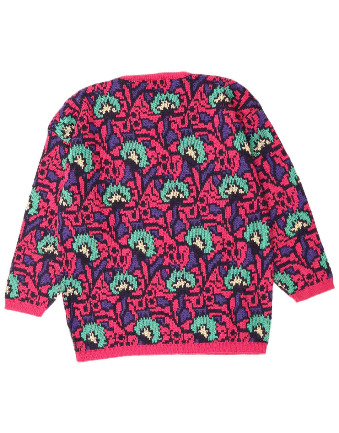 VINTAGE mujeres patrón abstracto cuello redondo jersey suéter Reino Unido 16 rosa grande
