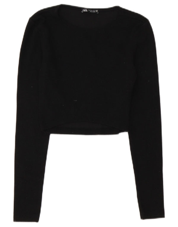 Zara Mujer Crop Top Manga Larga UK 8 Small Poliéster Negro
