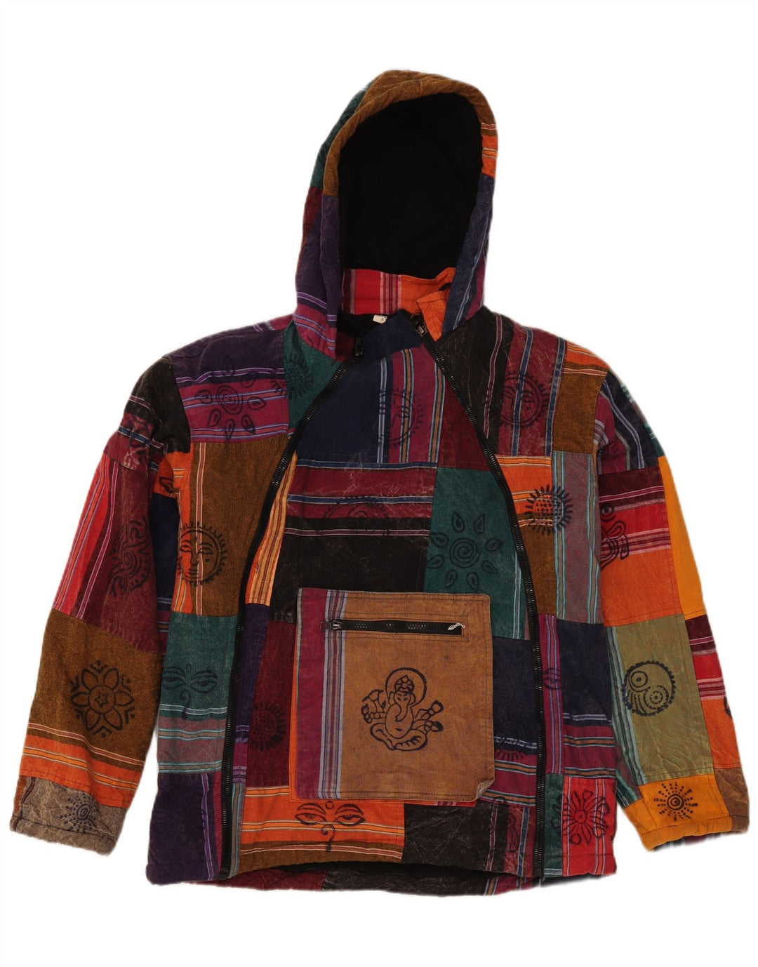 Vintage hombres con capucha Anorak chaqueta Reino Unido 36 pequeño patchwork multicolor azteca