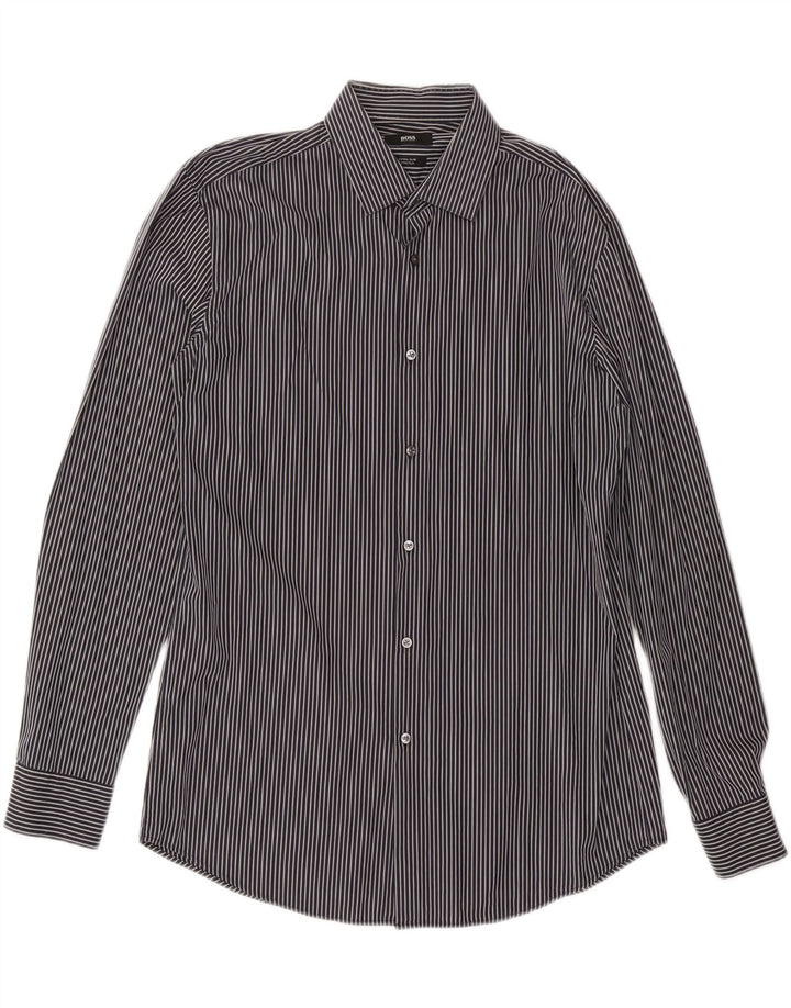 HUGO BOSS Camisa elástica para hombre Talla 42 16 1/2 Grande Raya negra negra