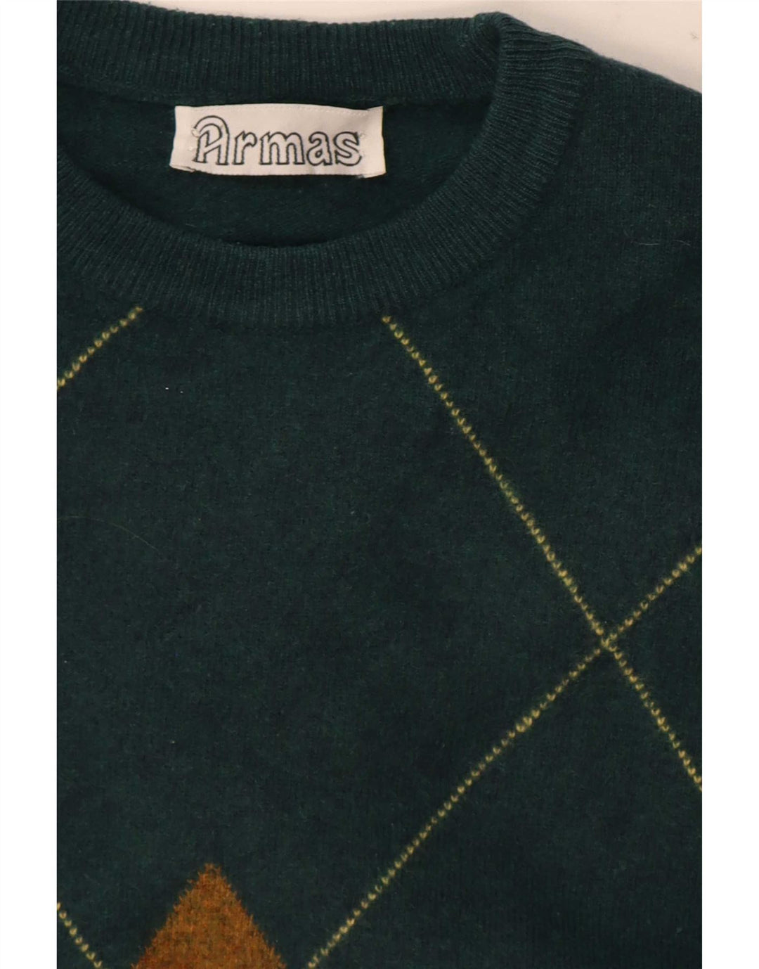 Vintage hombres cuello redondo jersey suéter medio verde Argyle/Diamante