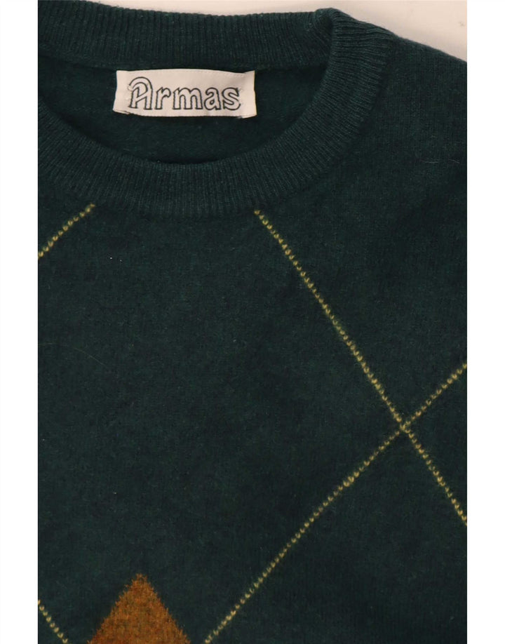 Vintage hombres cuello redondo jersey suéter medio verde Argyle/Diamante