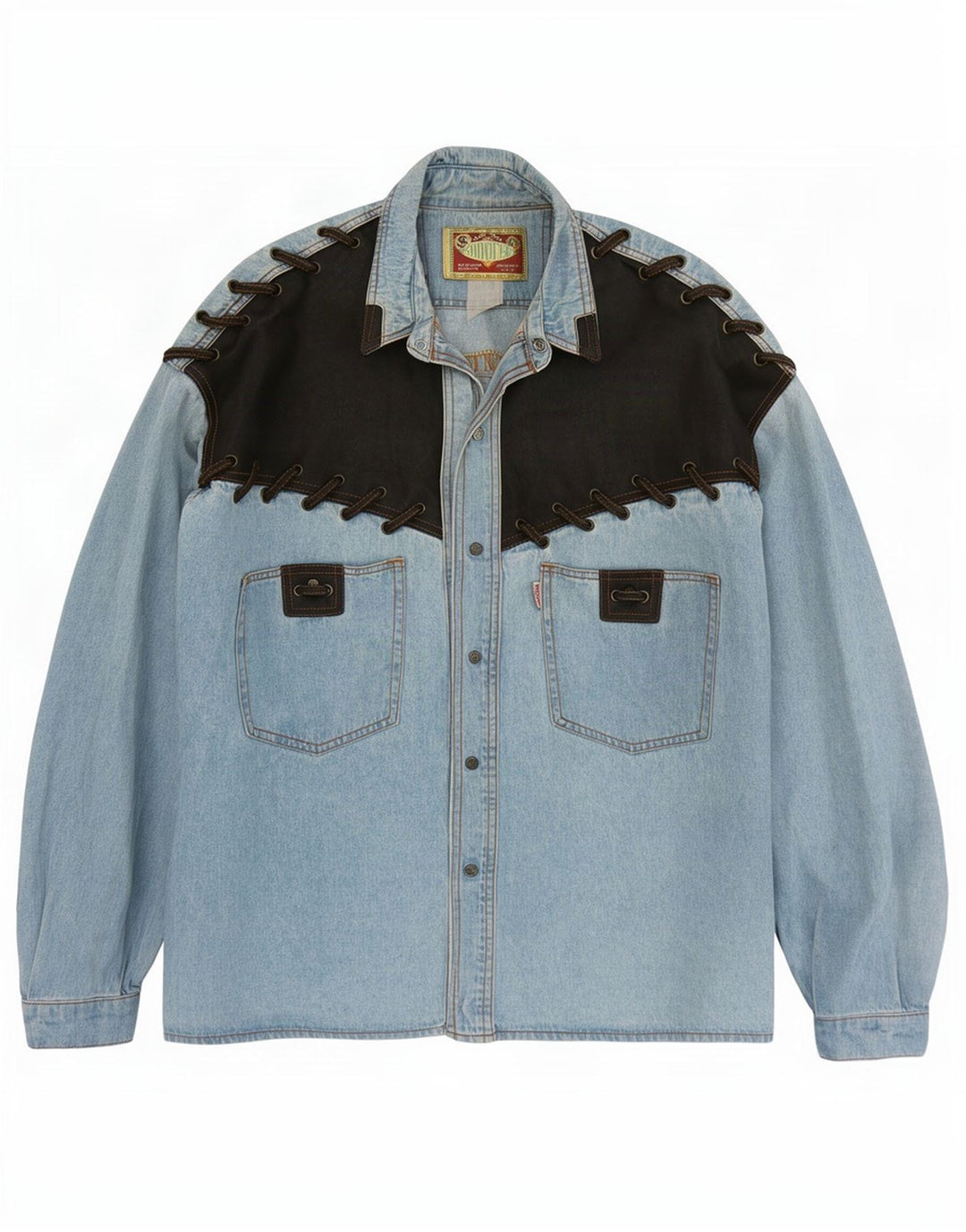 Camisa vaquera vintage para hombre Bloque de color azul grande