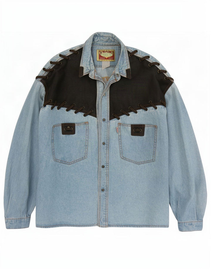 Camisa vaquera vintage para hombre Bloque de color azul grande