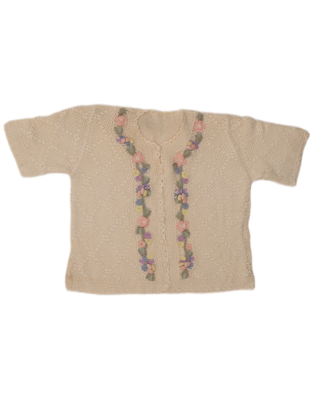 VINTAGE Suéter cárdigan de manga corta para mujer Reino Unido 14 Medio Off White Floral