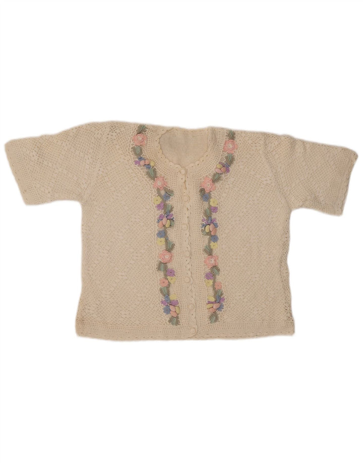 VINTAGE Suéter cárdigan de manga corta para mujer Reino Unido 14 Medio Off White Floral