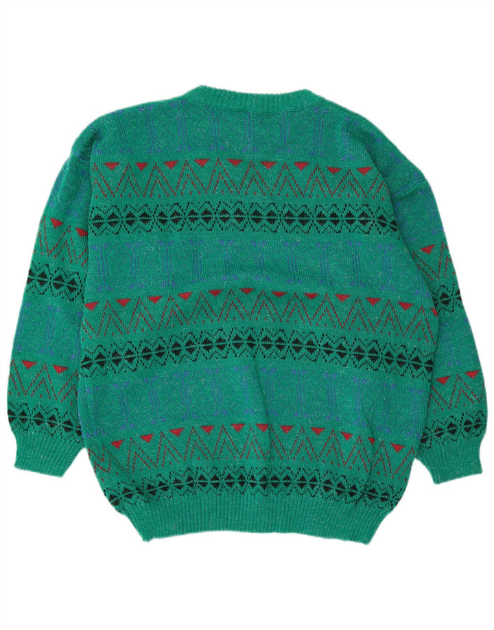 Vintage hombres cuello redondo jersey suéter medio verde geométrico acrílico