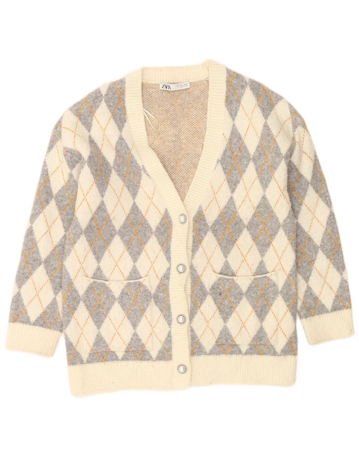 Zara Suéter tipo cárdigan extragrande para mujer Reino Unido 10 Small Off White Argyle/Diamond