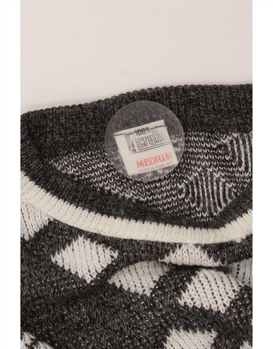Vintage mujer cuello redondo jersey suéter Reino Unido 14 gris medio geométrico