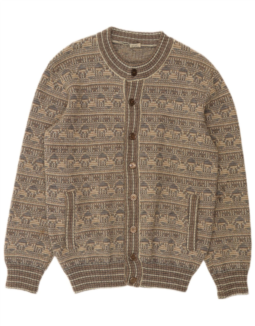 Vintage hombres Cardigan suéter medio gris Fair Isle lana