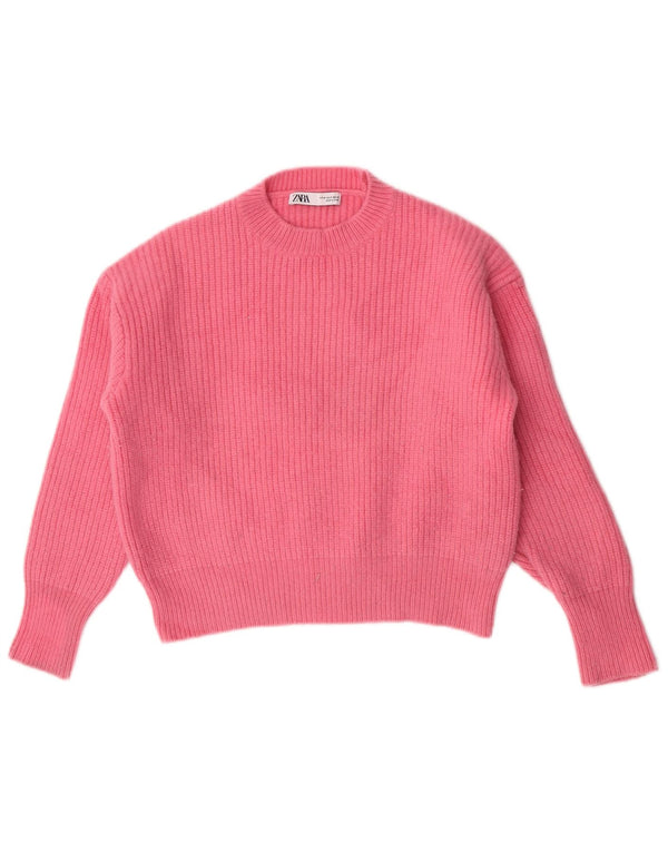 Zara Mujer Crop Crew Neck Jumper Sweater UK 44 Lana Rosa Mediana