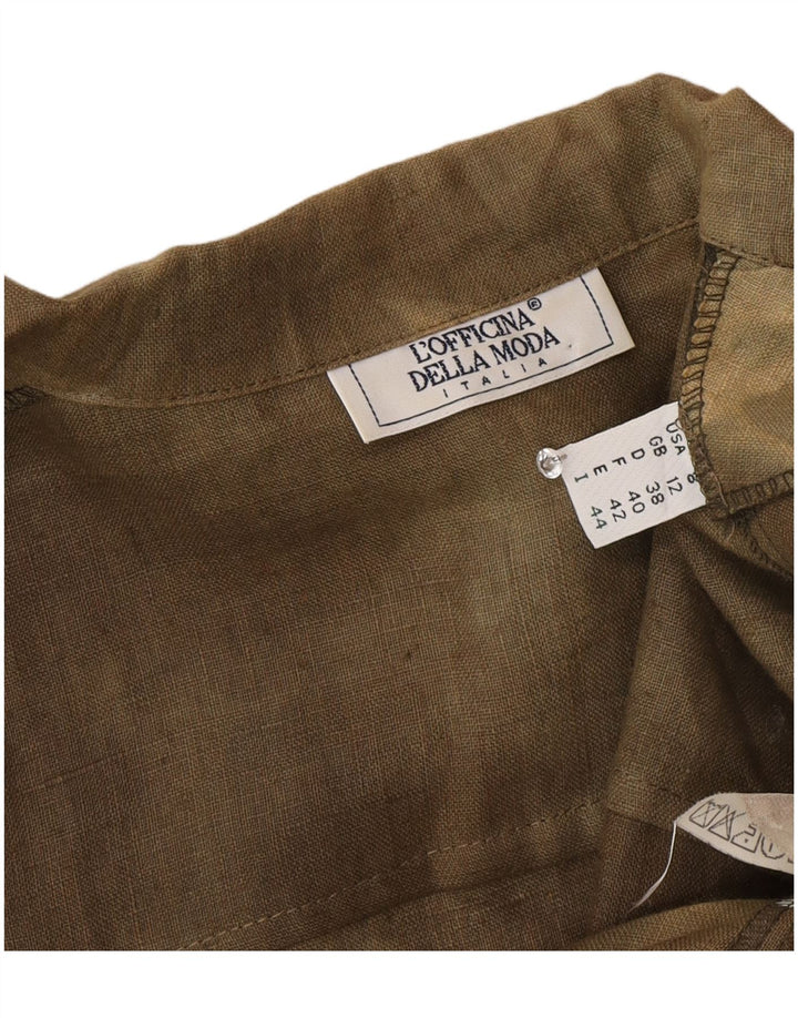 Vintage mujer camisa de manga corta blusa Reino Unido 12 medio caqui tie tinte seda