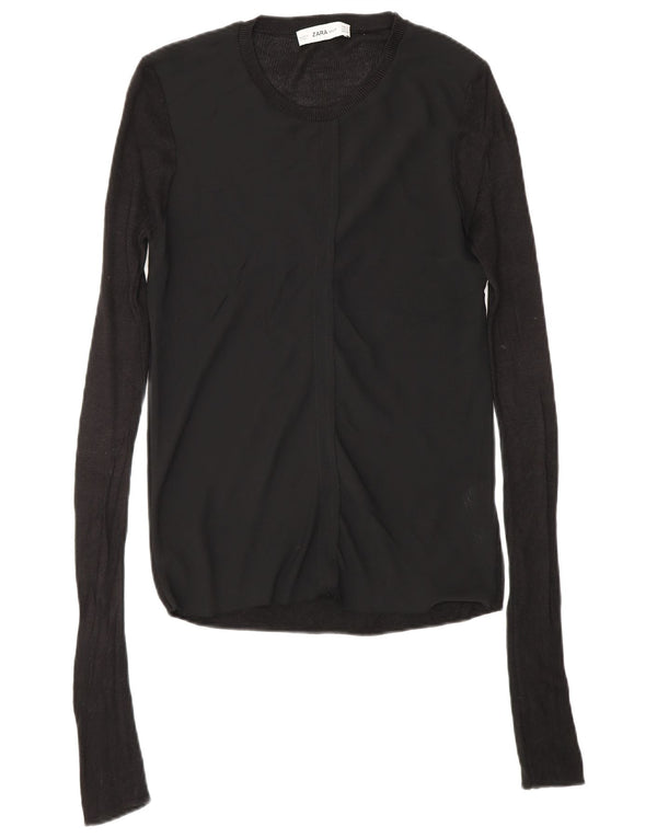 Zara - Jersey de cuello redondo para mujer, talla 40, talla pequeña, viscosa negra