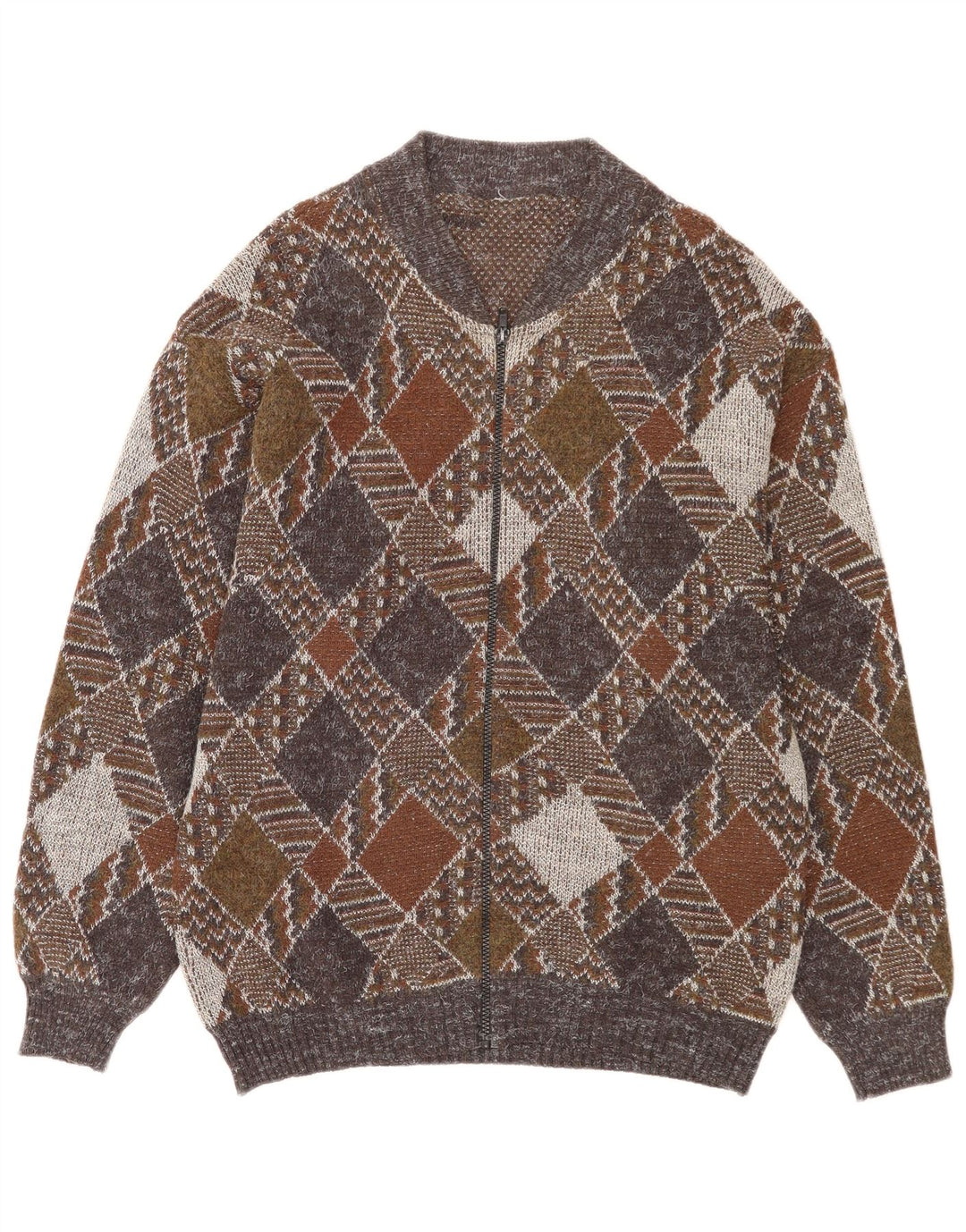 Vintage hombres completo zip cardigan suéter medio multicolor Argyle/Diamond