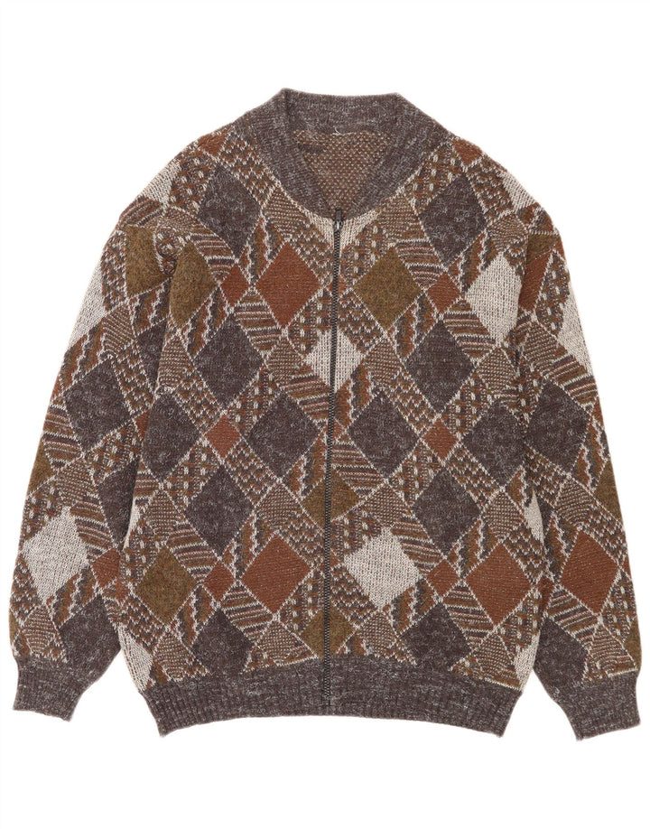 Vintage hombres completo zip cardigan suéter medio multicolor Argyle/Diamond