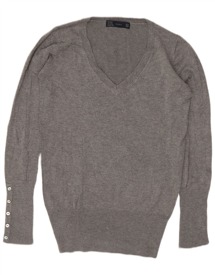 Zara - Jersey con cuello en V para mujer, talla 42, rayón gris medio