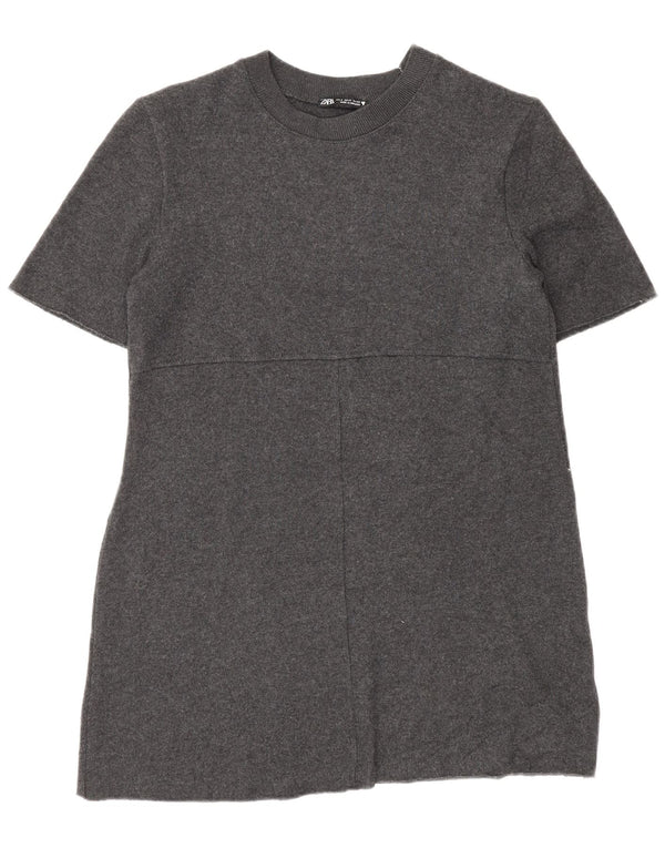 Zara Mujer Vestido Jersey De Manga Corta UK 40 Pequeño Poliéster Gris