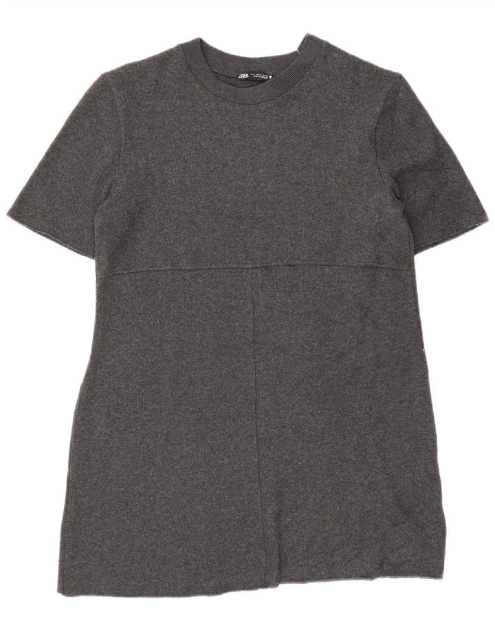 Zara Mujer Vestido Jersey De Manga Corta UK 40 Pequeño Poliéster Gris