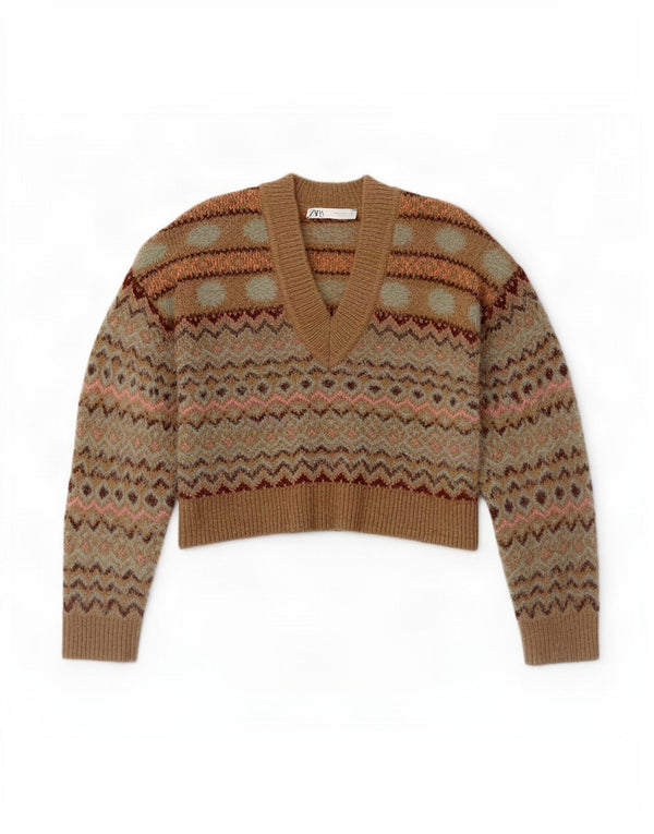 Zara Suéter Corto con Cuello en V para Mujer UK 44 Medium Beige Fair Isle