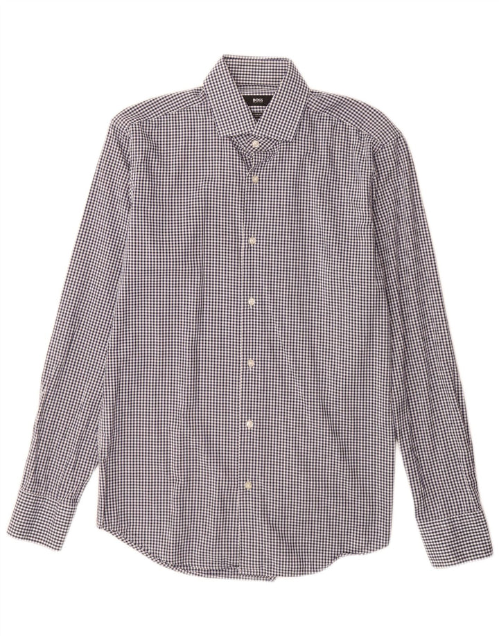 Hugo Boss Camisa de corte regular para hombre Talla 38 15 Algodón a cuadros azul marino mediano