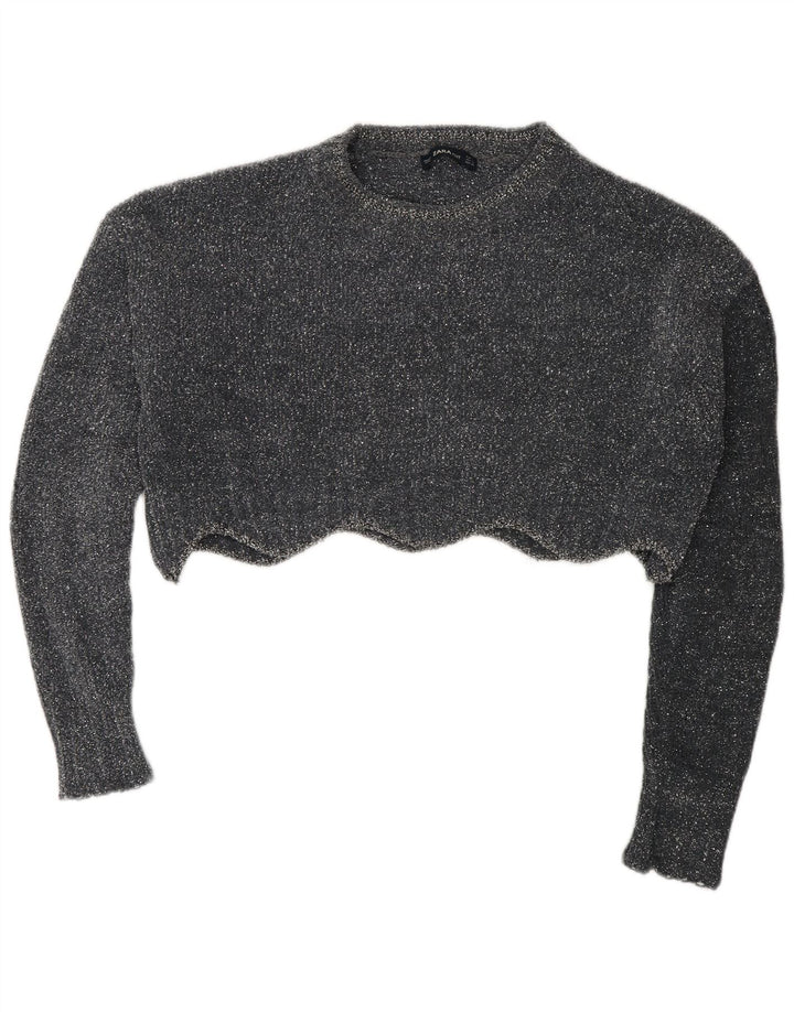 Zara Mujer Crop Oversize Cuello Redondo Jersey Suéter UK 10 Small Gris